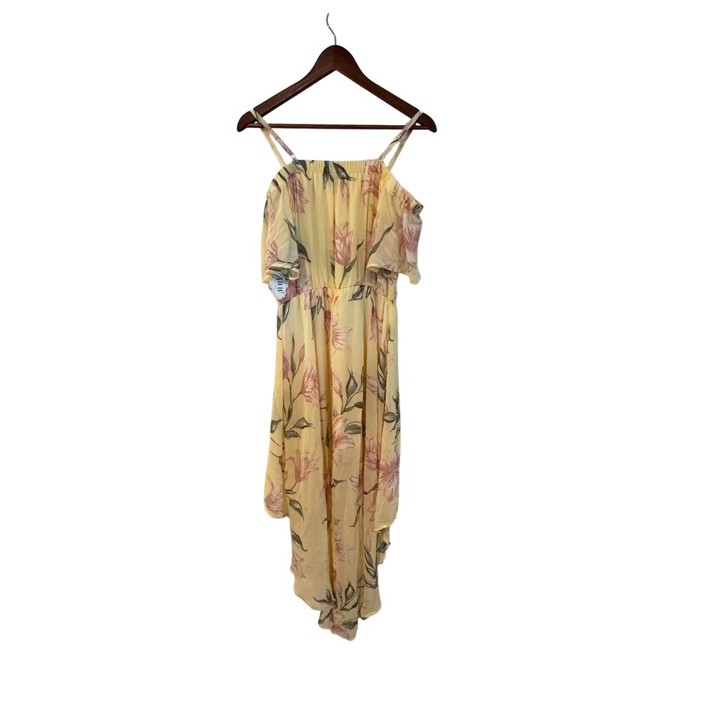 A.U.W Floral High-Low Cold Shoulder Dress Women Large Yellow NWT Chiffon Boho